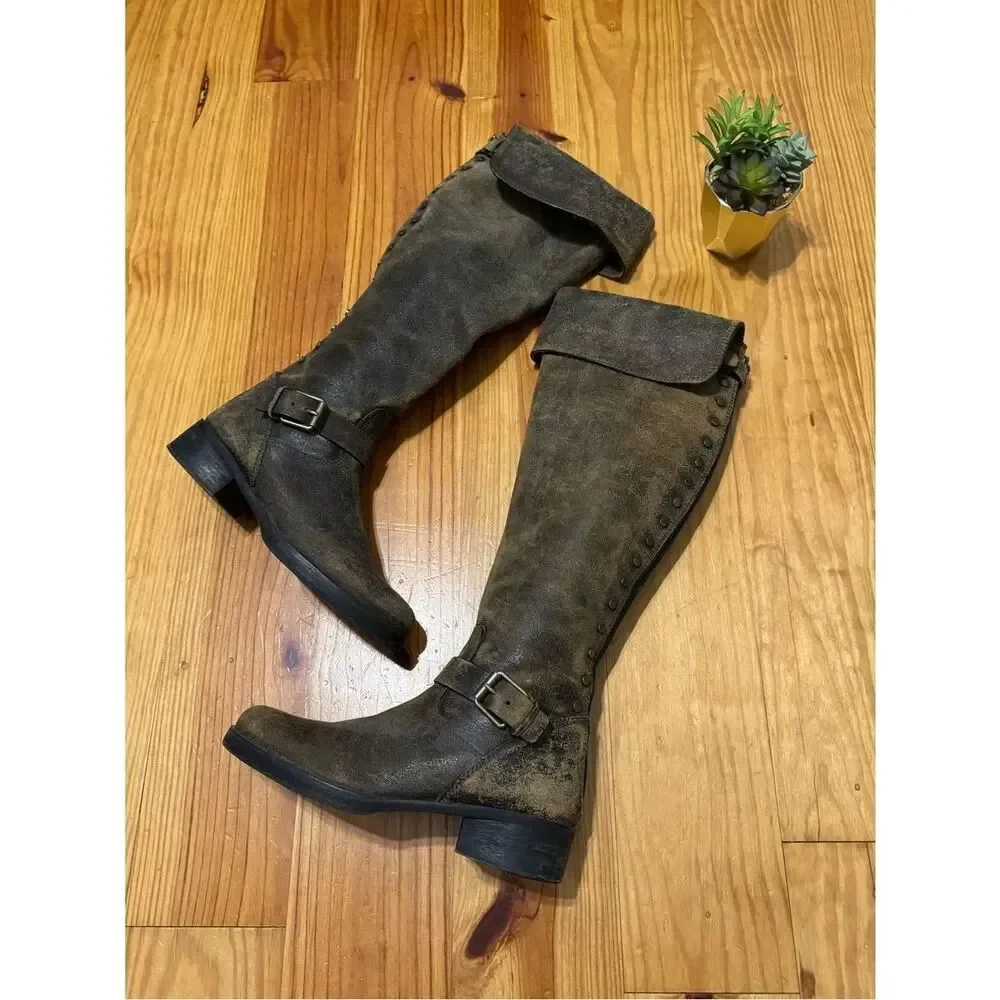 TORY BURCH Tarulli Boots Studded Riding Brown Distressed Over Knee Women’s 10M